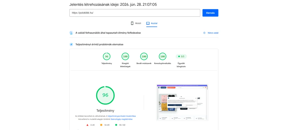 Poloklikk Google PageSpeed sebességmérés
